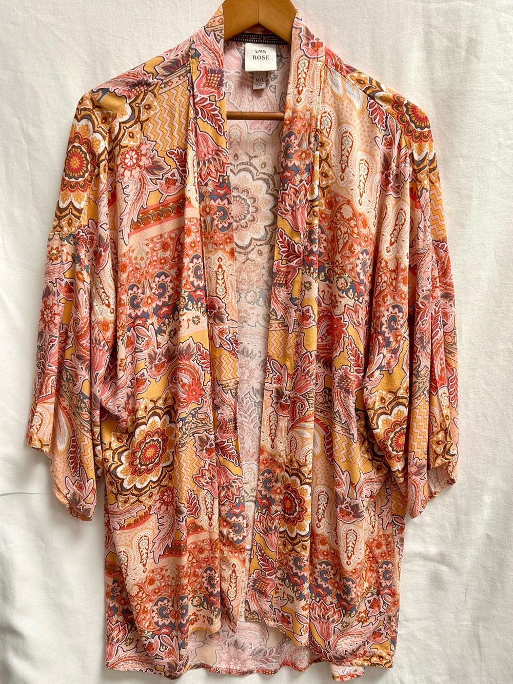 KNOX ROSE BOHEMIAN PAISLEY KIMONO CARDIGAN, ORANGE, GOLD, TERRA COTTA SIZE M/L